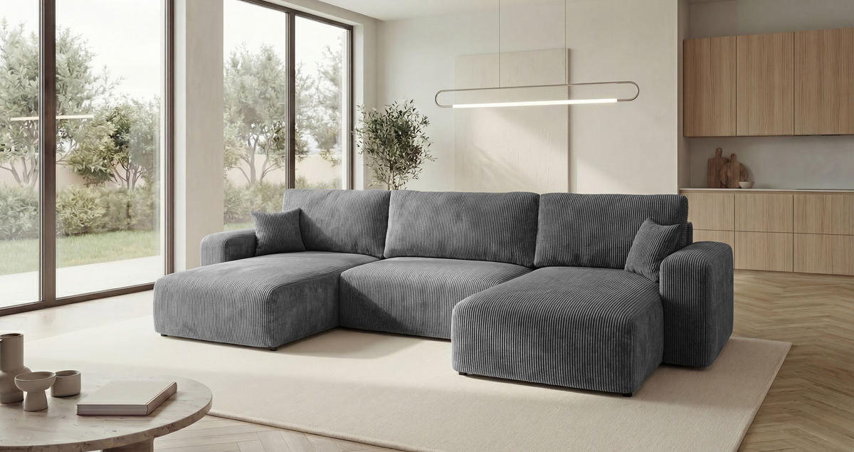 WOHNLANDSCHAFT BERLIN U-Form dunkelgrau Cord Poso 60 - Schlaffunktion, Bettkasten - Anthrazit, Textil (385/86/185cm) - Cornero