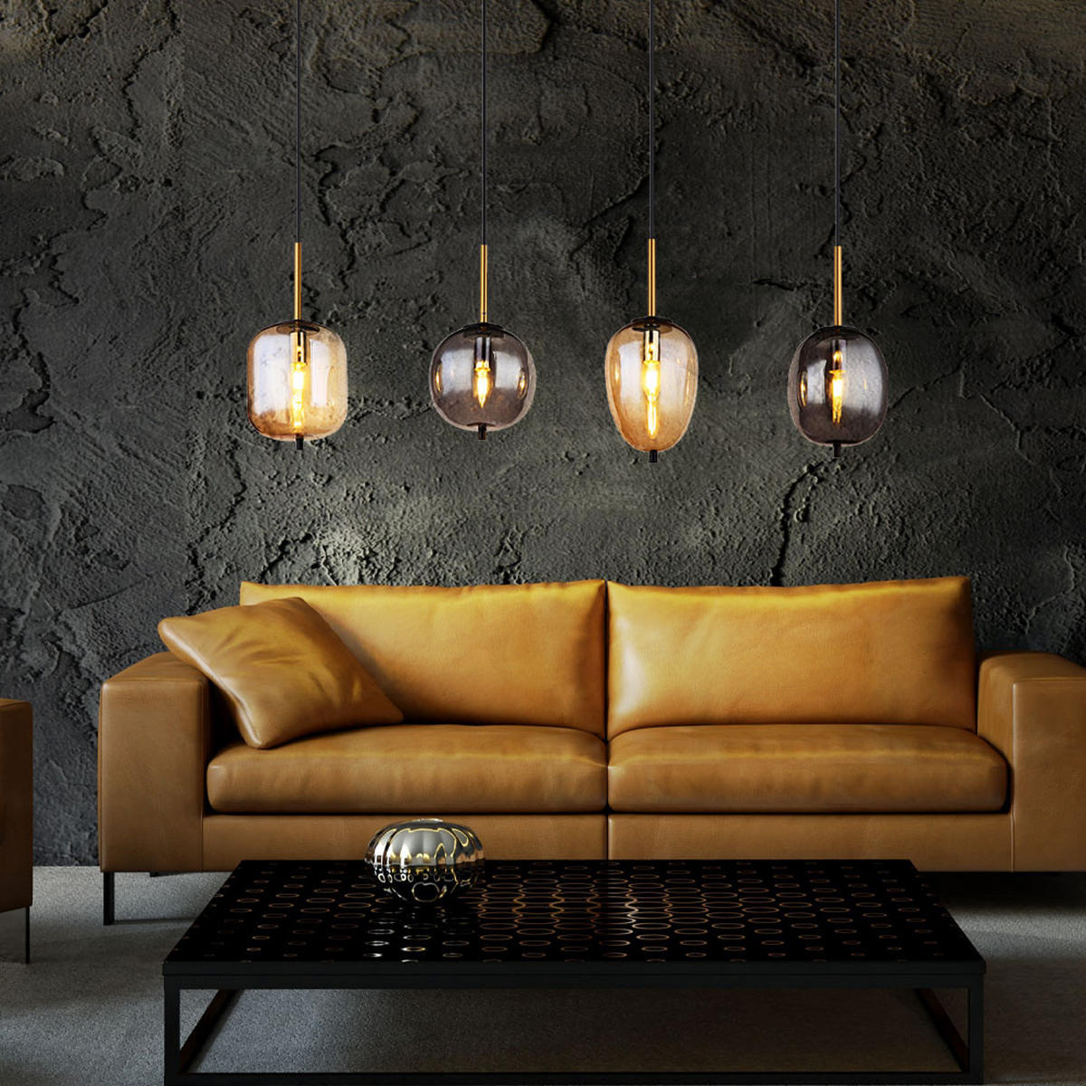 HÄNGELEUCHTE Metall Schwarz Amber-Glas 4-Flammig - Schwarz, Glas (110/18.5/120cm) - Globo Lighting