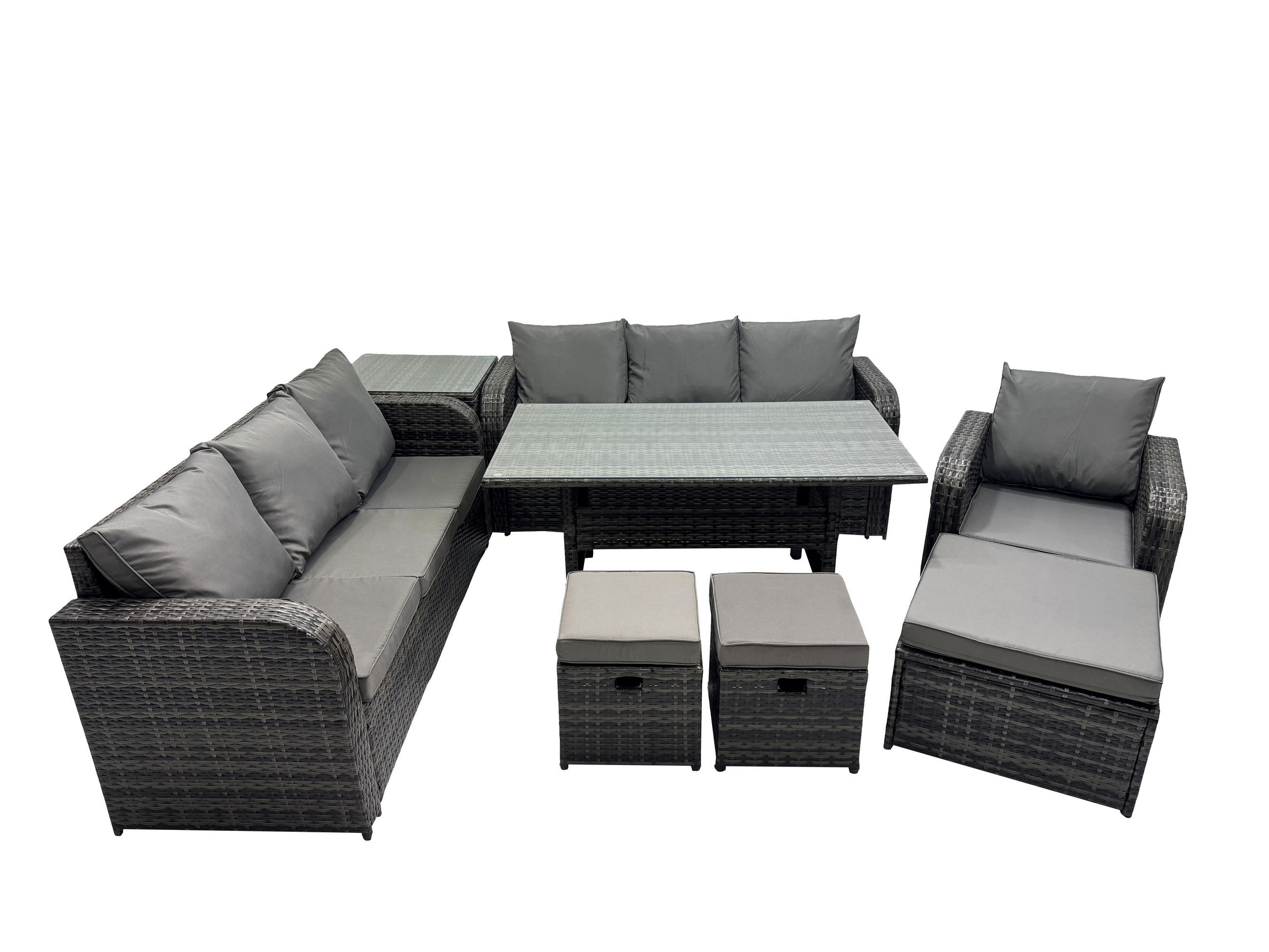 GARTENTISCHGRUPPE mit Beistelltisch,3 Hocker Polyrattan Dunkelgrau 10-Sitzer - Dunkelgrau/Grau, Glas/Kunststoff - Fimous