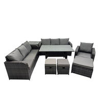 GARTENTISCHGRUPPE mit Beistelltisch,3 Hocker Polyrattan Dunkelgrau 10-Sitzer - Dunkelgrau/Grau, Glas/Kunststoff - Fimous