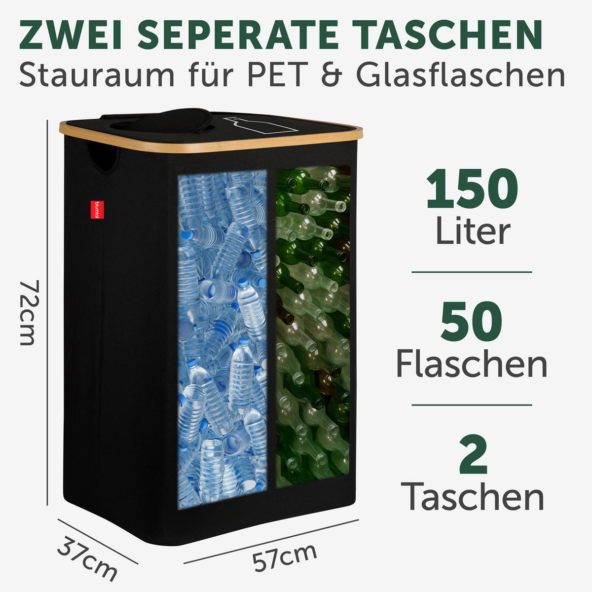 PFANDFLASCHEN-SAMMELBEHÄLTER 150L Schwarz (2 Fächer) - Schwarz, Kunststoff (37/4/57cm) - Blumtal