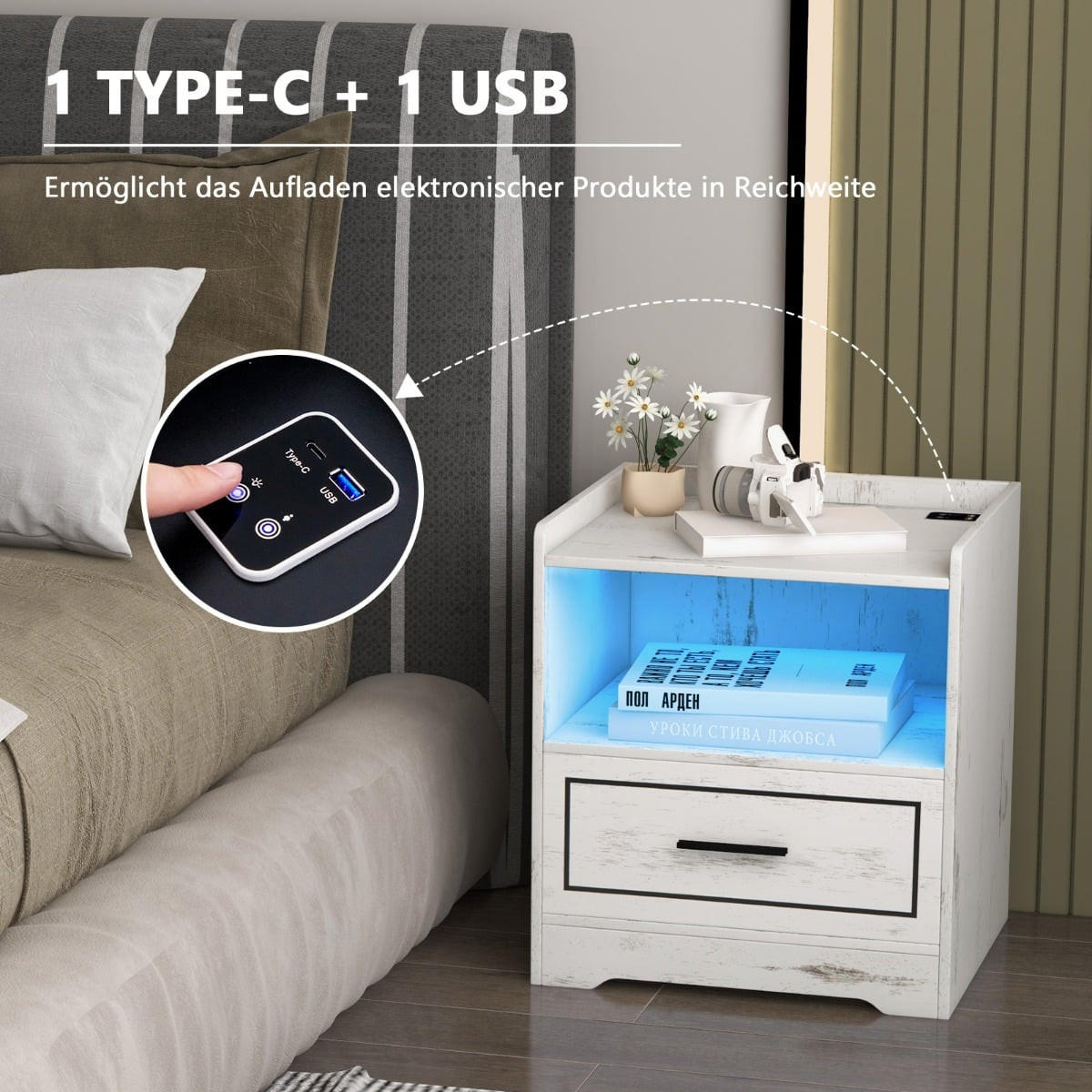 NACHTTISCH 2er Set mit LED, Bewegungssensor, USB- und Typ-C-Ladestation, MDF, Weiß - Weiß, Holzwerkstoff (45/50/40cm) - DESIGN IN