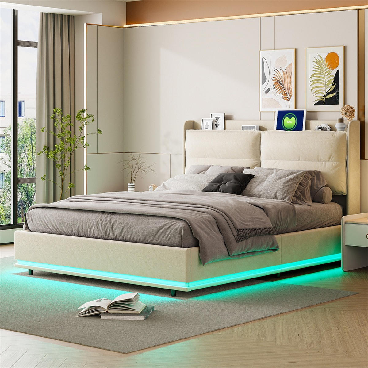 POLSTERBETT 140x200 cm - mit LED & Ladefunktion und hydraulischem Bettkasten - ohne Matratze - Off-White - Creme, Textil (140/200cm) - DELFA
