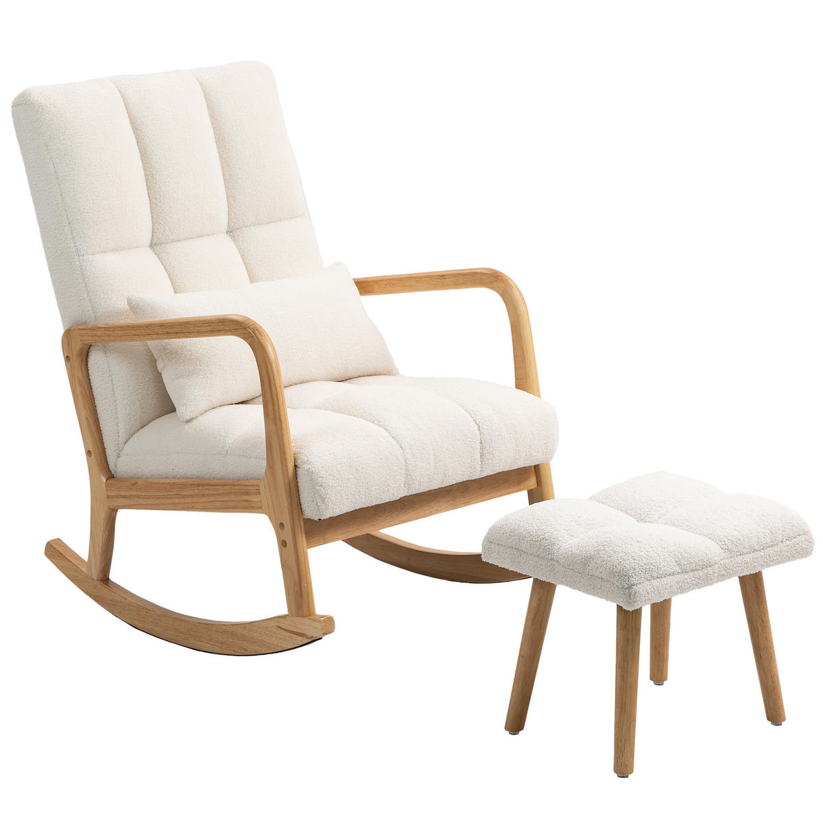 SCHAUKELSTUHL DE-07585 mit Fußhocker, Fleece-Bezug und hoher Rückenlehne Weiß - Weiß, Holz (64.5/99/82cm) - ComfortXL