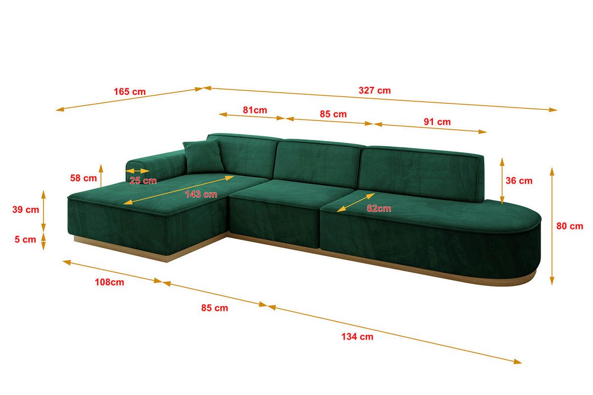 ECKSOFA Ottomane Links IREA-L2-v2 - 327x165x80 cm Grün - Dunkelgrün, Holzwerkstoff/Textil (327/165cm) - ALTDECOR