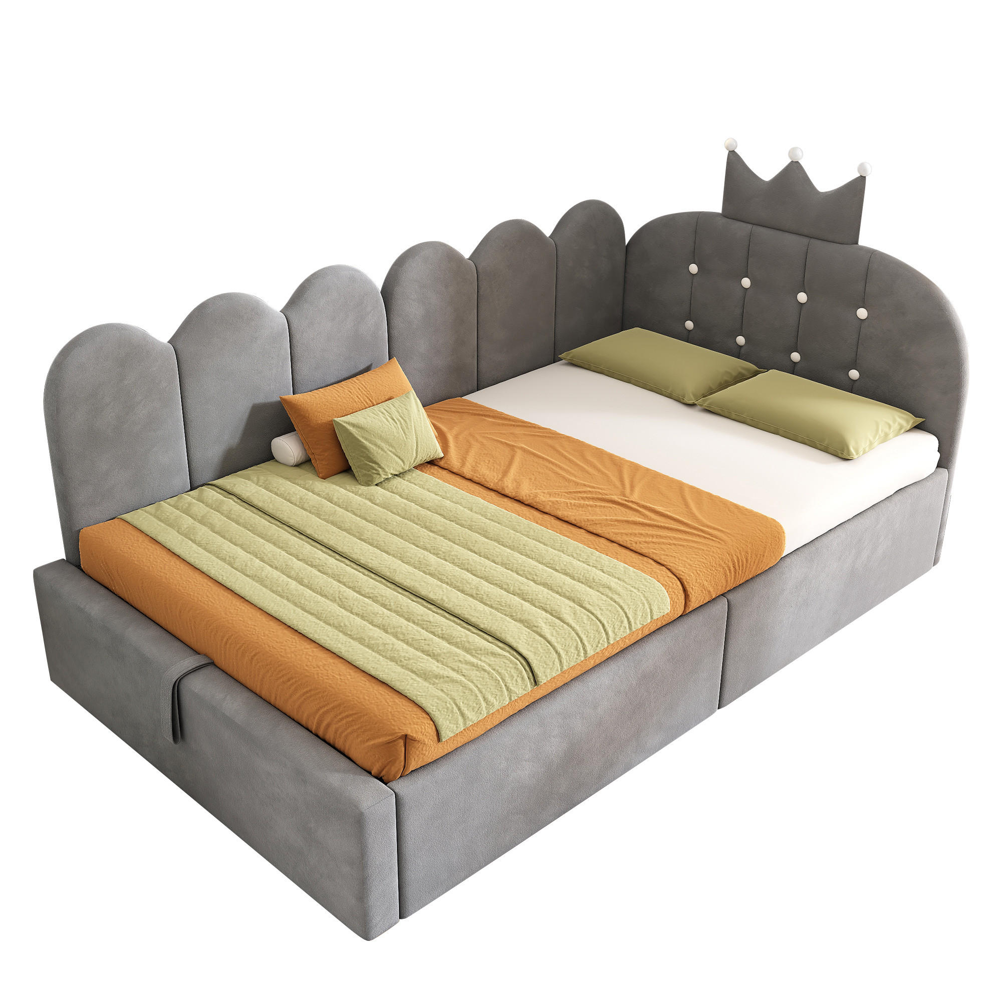 OKWISH POSTEL s úložným prostorem 90/200 cm šedá z sametu s korunkovým čelem a bočním L tvarem