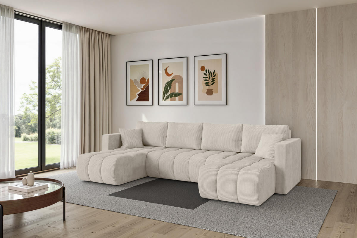 SEDACÍ SOUPRAVA DO U s funkcí spaní a úložným prostorem GARD-U 300x146x85 krémová manšestr - černá/krémová, kompozitní dřevo/textil (300/85/146cm) - ALTDECOR