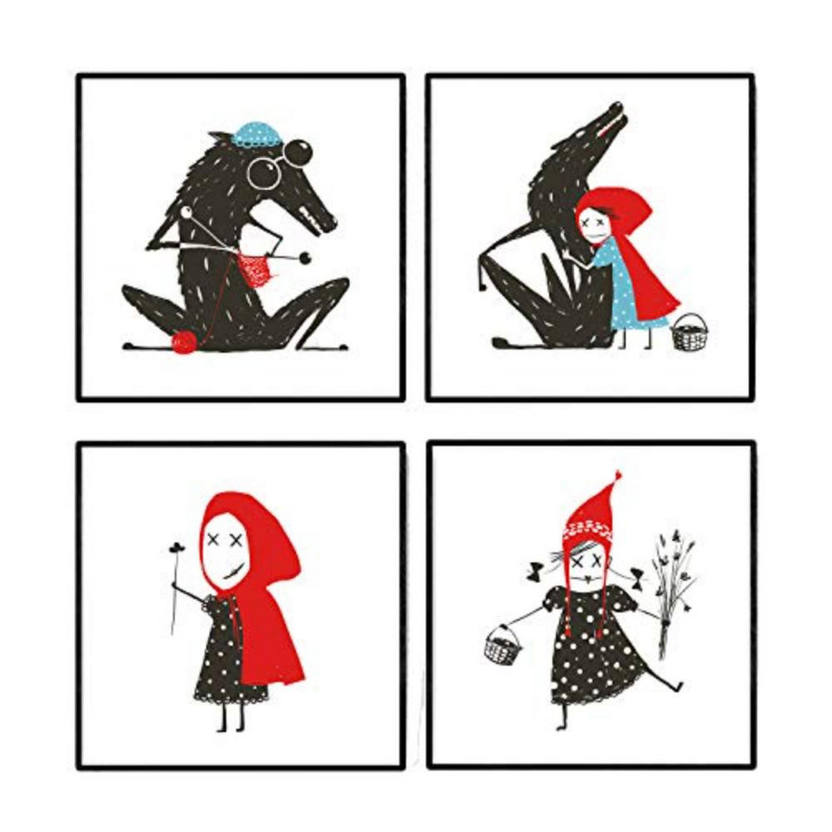 POSTER Set mit 4 Rotkäppchen 20x20cm Schwarzer Rahmen - Schwarz, Papier (20/3cm) - Nacnic