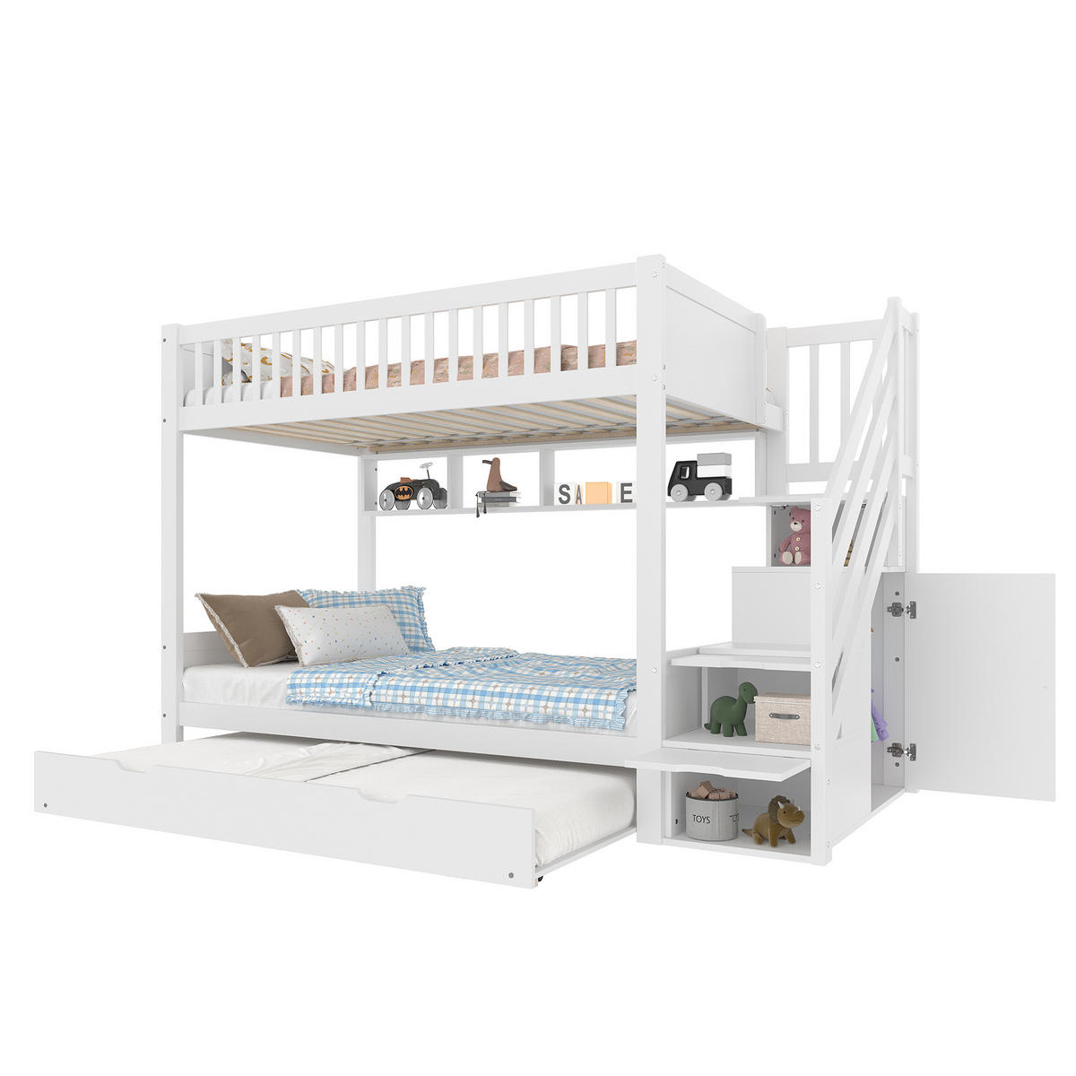 ETAGENBETT 254/95/165 cm aus Kiefernholz mit Ausziehbett und Kleiderschrank Weiß - Weiß, Holz (90/200cm) - Modenvie