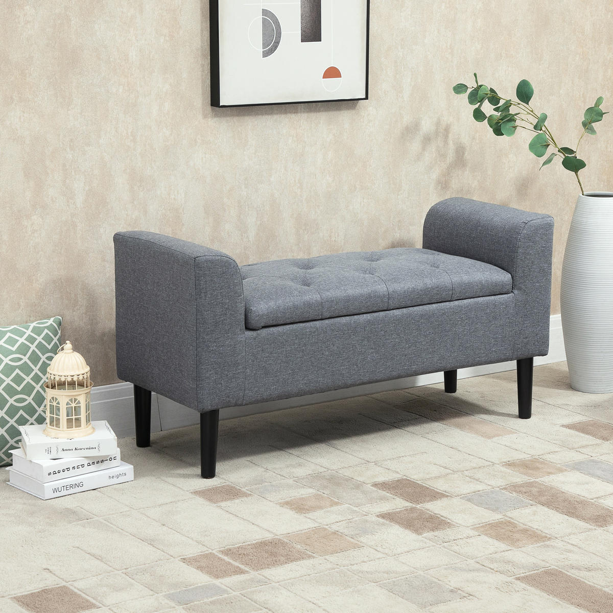 TRUHENBANK DE-07137 Leinenoptik, Kautschukholz, bis 130 kg Hellgrau - Hellgrau/Schwarz, Holz/Textil (44/58/116cm) - ComfortXL