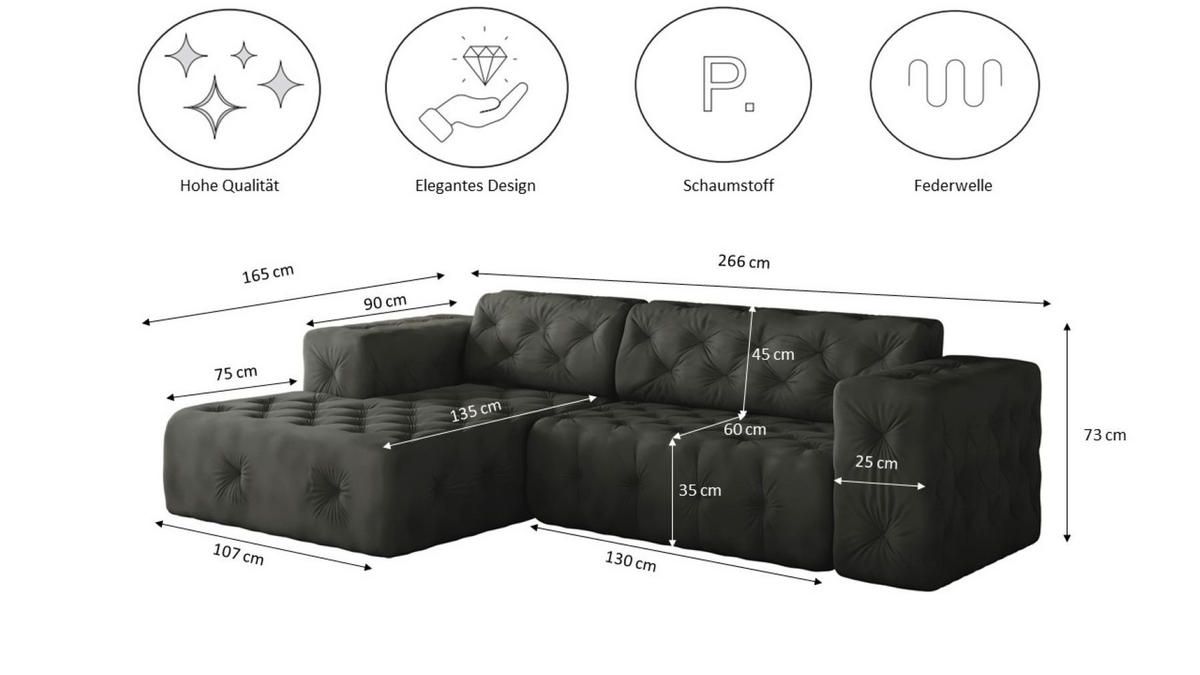 ECKSOFA L-Form Gesteppt LUX Stoff Whisper Links Graphit - Graphitfarben, Holz/Kunststoff (165/266cm) - Kaiser Möbel