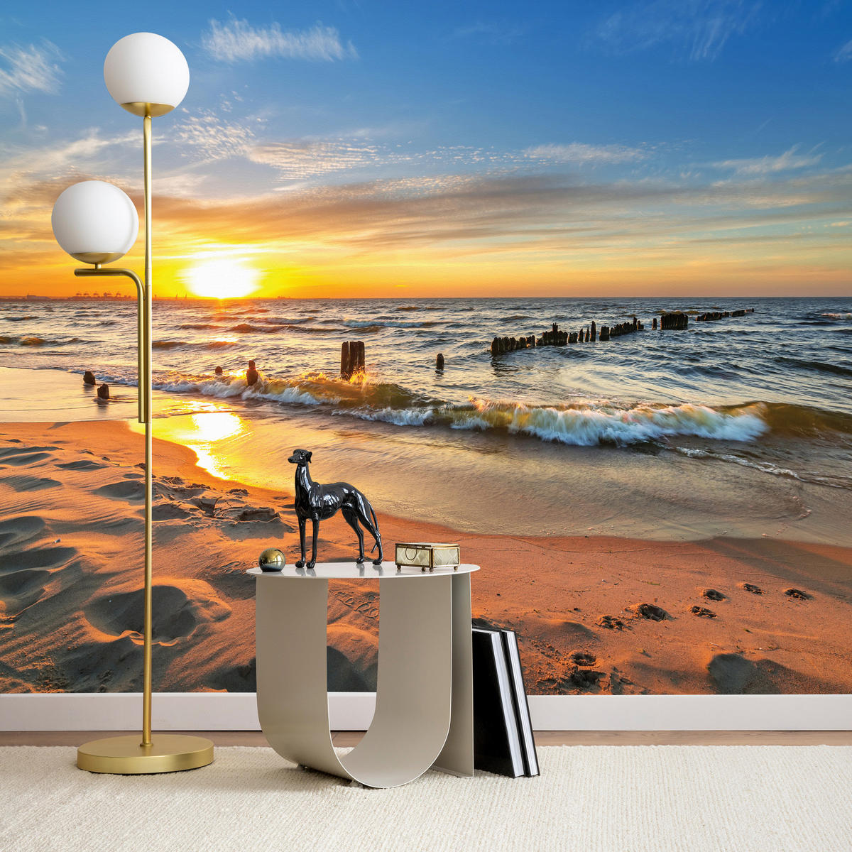 FOTOTAPETE Sonnenuntergang Strand Meer Landschaft 3D 500x350 cm - Blau/Gelb, Papier (500/350cm) - Muralo