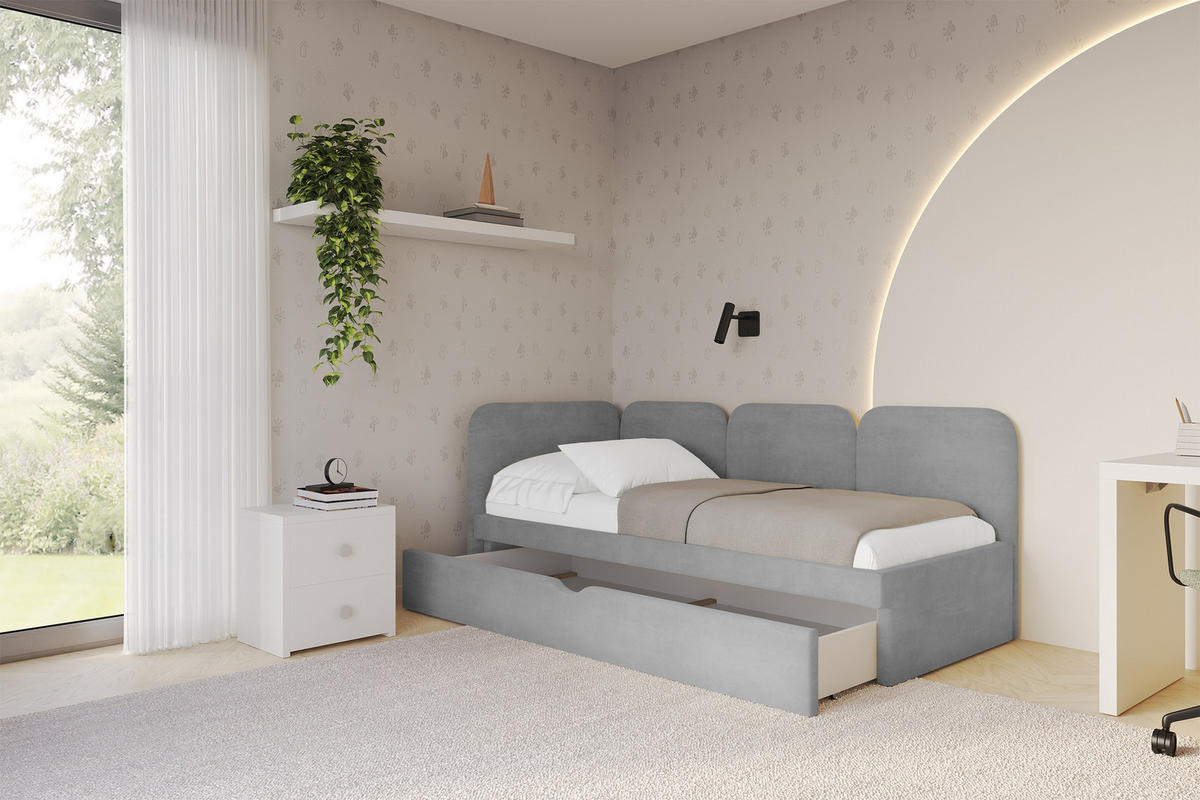 EINZELLBETT Jugendbett mit Bettkasten, Rechts - ALVY 80x200 Grau - Silberfarben, Holzwerkstoff/Textil (80/200cm) - ALTDECOR