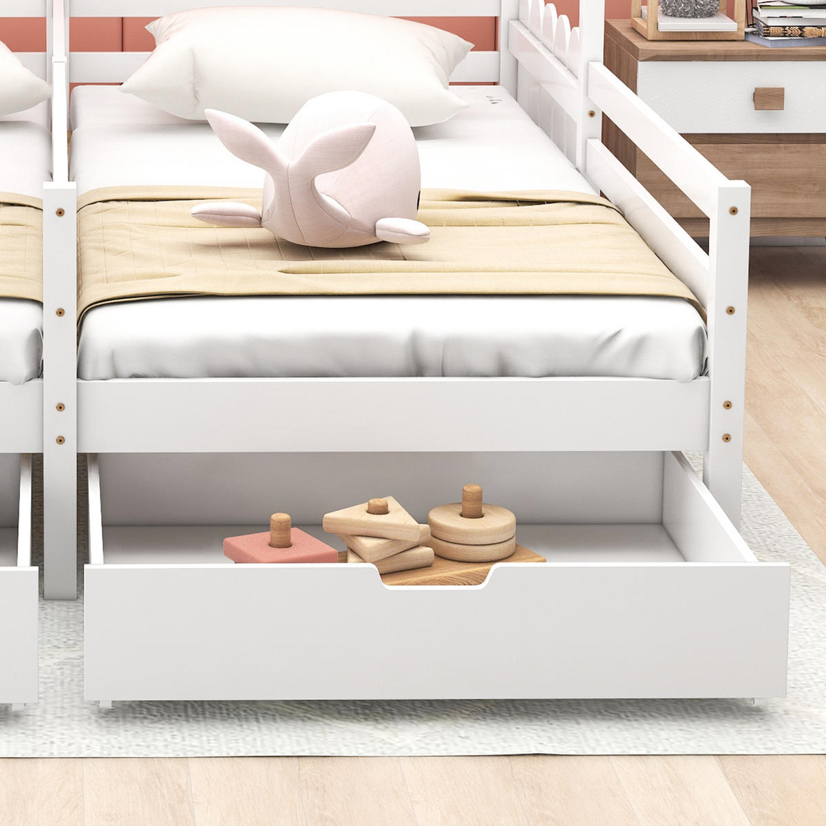 KINDERHAUSBETT aus Kiefer und MDF 200x90 cm Weiß mit 2 Schubladen und Schutzgitter - Weiß, Holzwerkstoff (90/200cm) - IVMEU