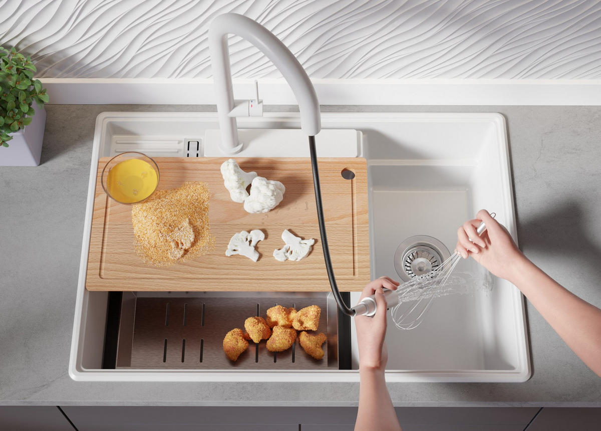 SPÜLBECKEN Paris, 2-er set Weiß 78/53 cm 2 Becken + Ablauf-Set + Küchenzubehörset ab 80er Unterschrank - Chromfarben/Edelstahlfarben, Kunststoff (78/20/53cm) - Primagran