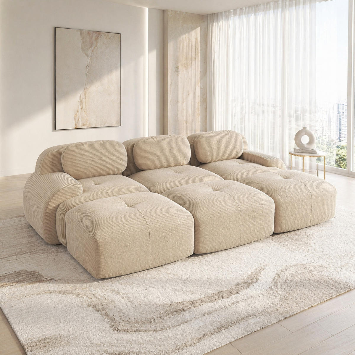 MODULARES Ecksofa aus Cordstoff in Beige 298x178x70 cm mit 32D-Schaumstoff und rutschfester Unterseite - Beige, Textil (178/298cm) - IVMEU