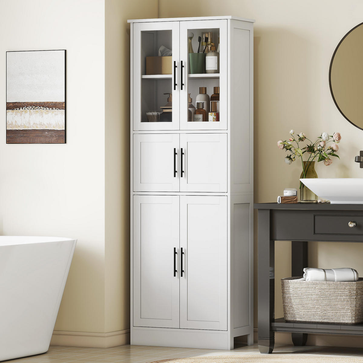 HOCHSCHRANK DE-12536 6 Türen, 2 Glasfronten, verstellbare Böden, Weiß - Weiß, Holzwerkstoff (30/170/60cm) - ComfortXL