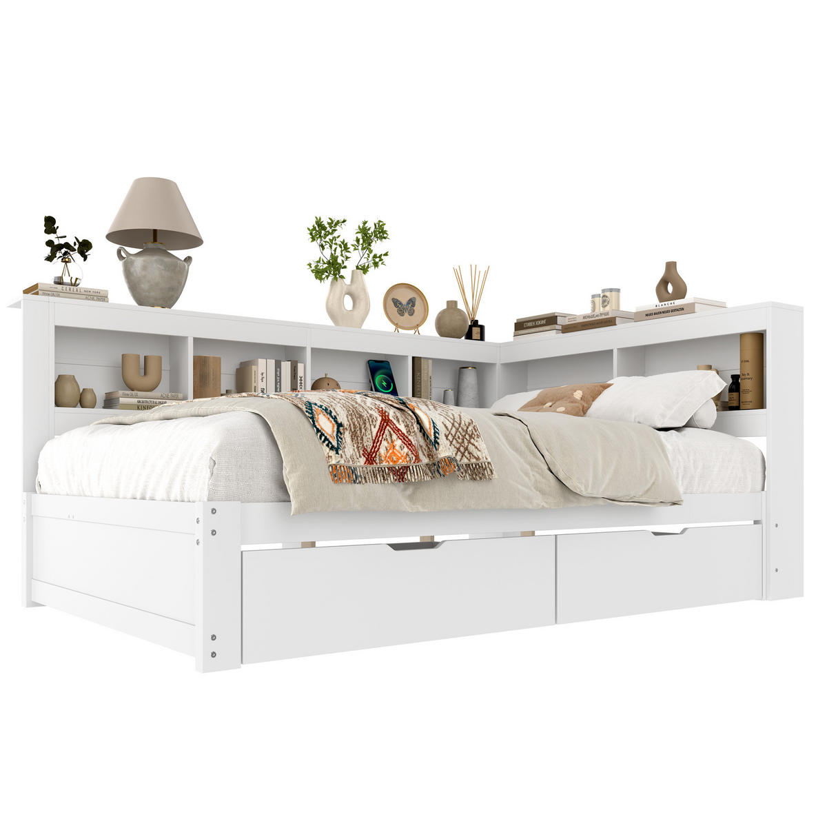 POLSTERBETT 140/200 cm Weiß mit 2 Schubladen und Steckdose mit 2 USB-Anschlüssen - Weiß, Holzwerkstoff (140/200cm) - Flora Grace