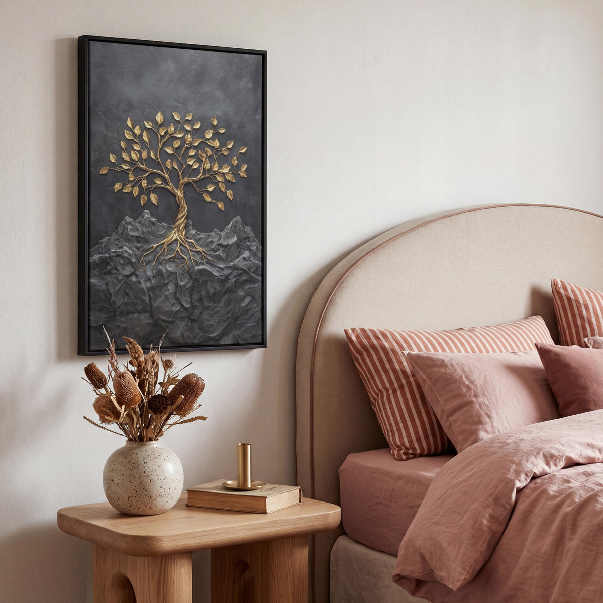 LEINWAND Bilder mit Rahmen - Blätter - Gold - Baum - Fels - 40x60 - Schwarz, Textil (40/60cm) - MuchoWow