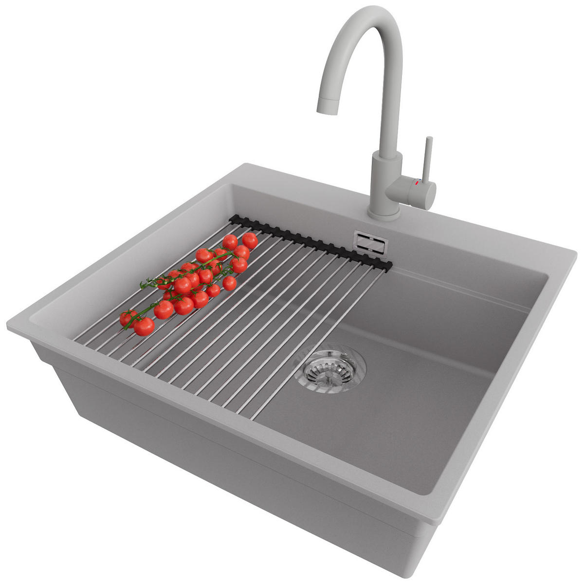 GRANITSPÜLE Oslo Max, 2-er set Grau 58/53 cm 1 Becken + Küchenarmatur 32/20 cm + Ablauf-Set + Aufrollbare Abtropffläche ab 60er Unterschrank - Chromfarben/Grau, Kunststoff (58/20/53cm) - Primagran