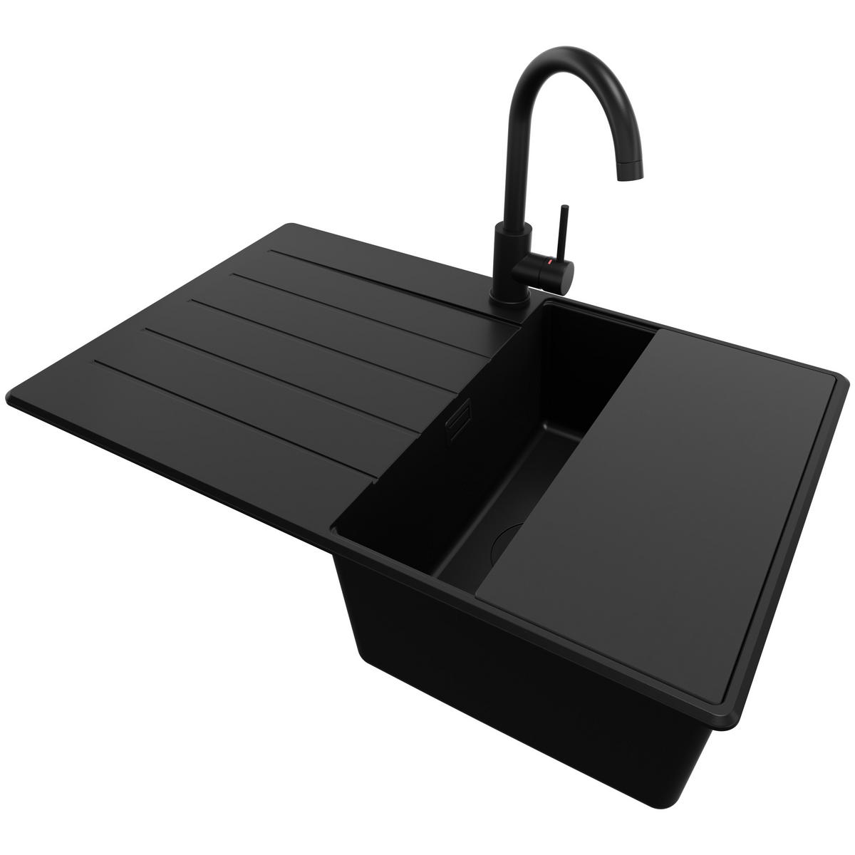 GRANITSPÜLE Kopenhagen, 2-er set Alles Schwarz 78/50 cm 1 Becken + Küchenarmatur 32/20 cm + Ablauf-Set + Schneidebrett ab 45er Unterschrank - Schwarz, Kunststoff (78/20/50cm) - Primagran