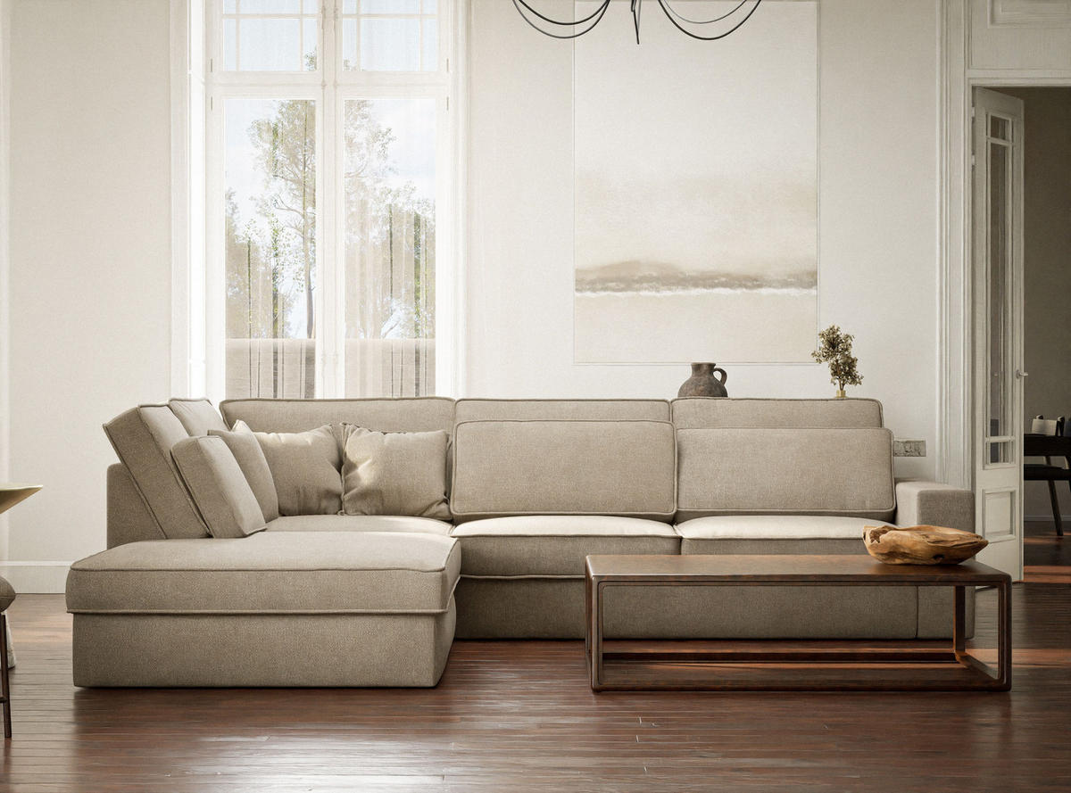 ECKSOFA Kirou Beige Chenille-Stoff - Links Seite - Beige/Schwarz, Holz/Holzwerkstoff (225/311cm) - Maison de Reve