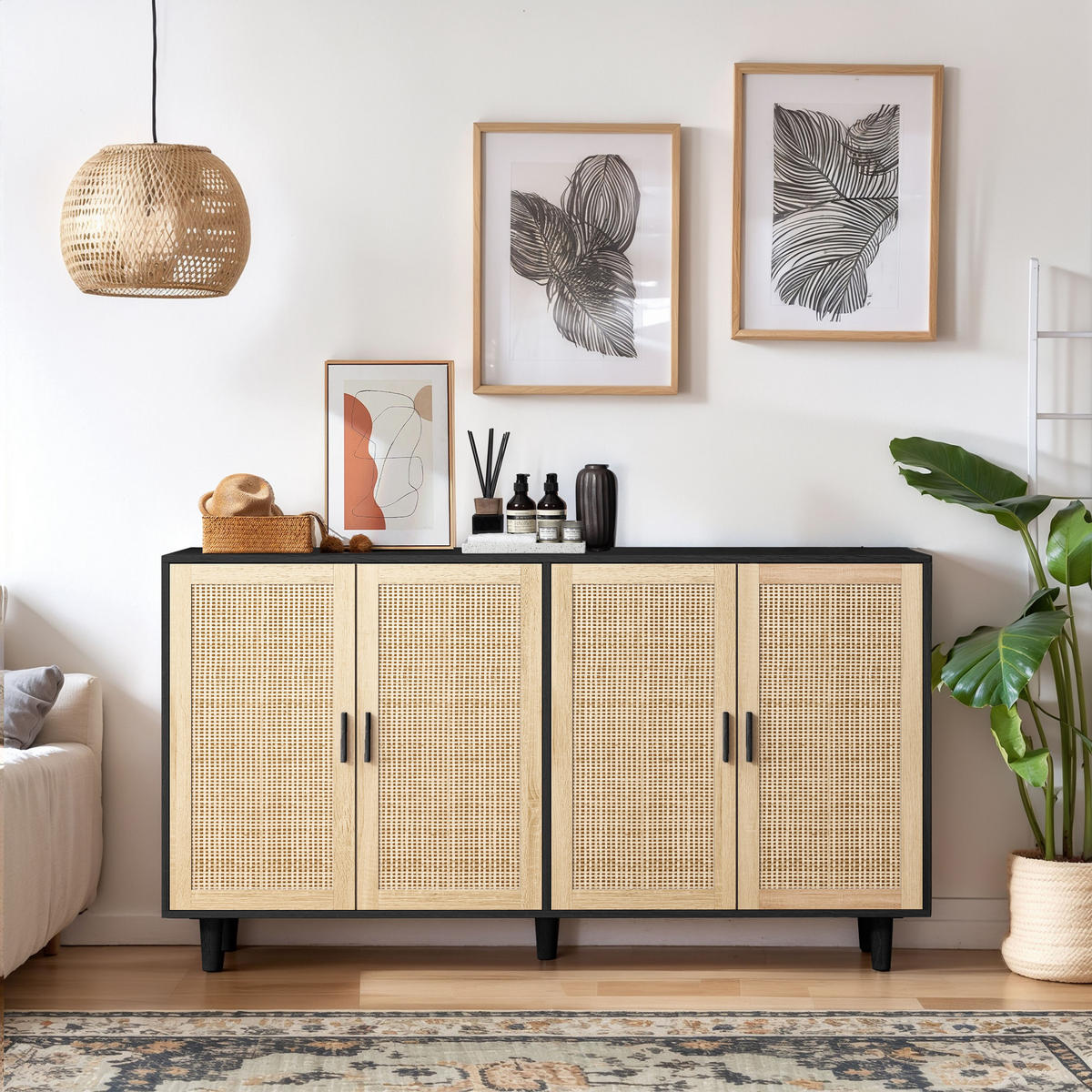 SIDEBOARD 158/40/88 cm schwarz aus Spanplatte mit Rattantüren - Schwarz, Holzwerkstoff (158/88/40cm) - OKWISH