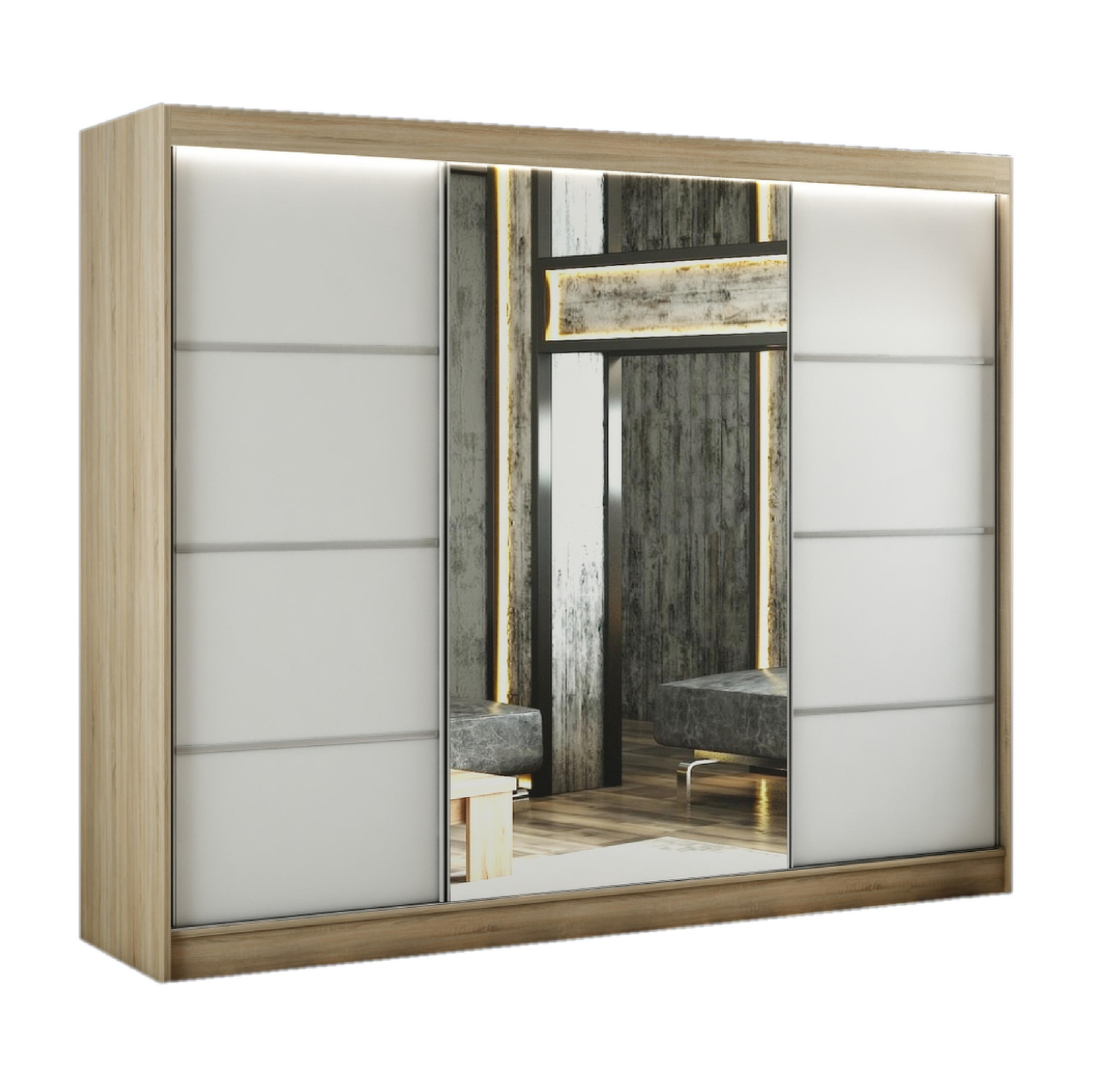 SCHWEBETÜRENSCHRANK Padwa 250 cm mit Spiegel 3-türig, Eiche sonoma und weiße Front - Weiß/Sonoma Eiche, Glas/Kunststoff (250/215/61cm) - Margaret Hadas24