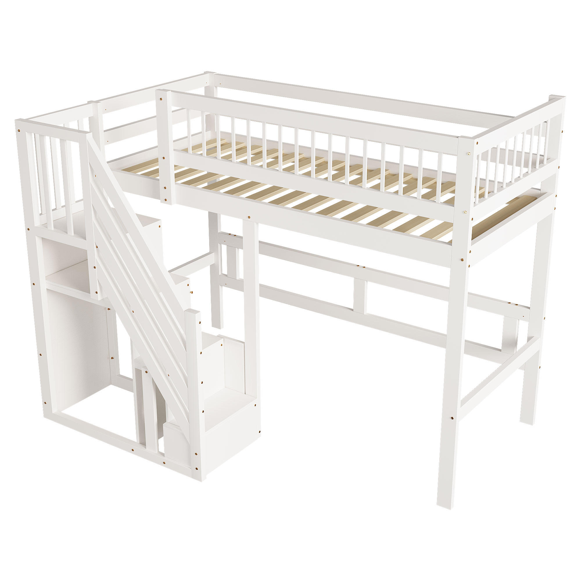 HOCHBETT 90/200 cm DE-01619, in Weiß, mit Aufbewahrungstreppe - Weiß, Holz (90/200cm) - ComfortXL