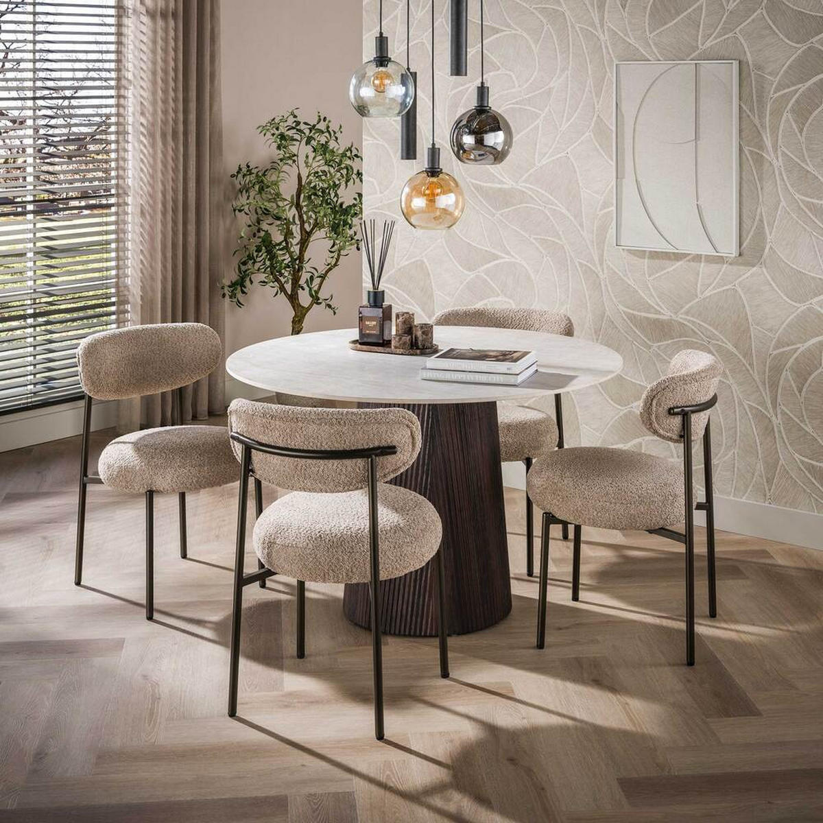 ESSTISCH CERAMO CENTRO Runder Premium-Tisch mit 3D-Keramikplatte & Rillen-Säule Dunkelbraun, Ø 120 cm - Dunkelbraun, Keramik (120/120/77cm) - alesvelt