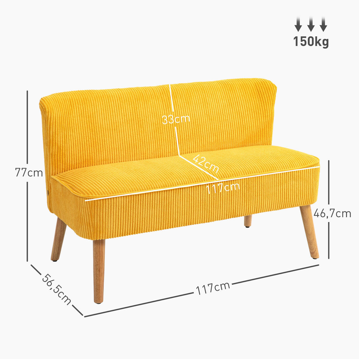 2-SITZER Sofa Polstersofa Doppelsofa Zweisitzer Sofa Cordartiges Polyester Gelb - Gelb/Naturfarben, Holz/Textil (56.5/77/117cm) - HOMCOM