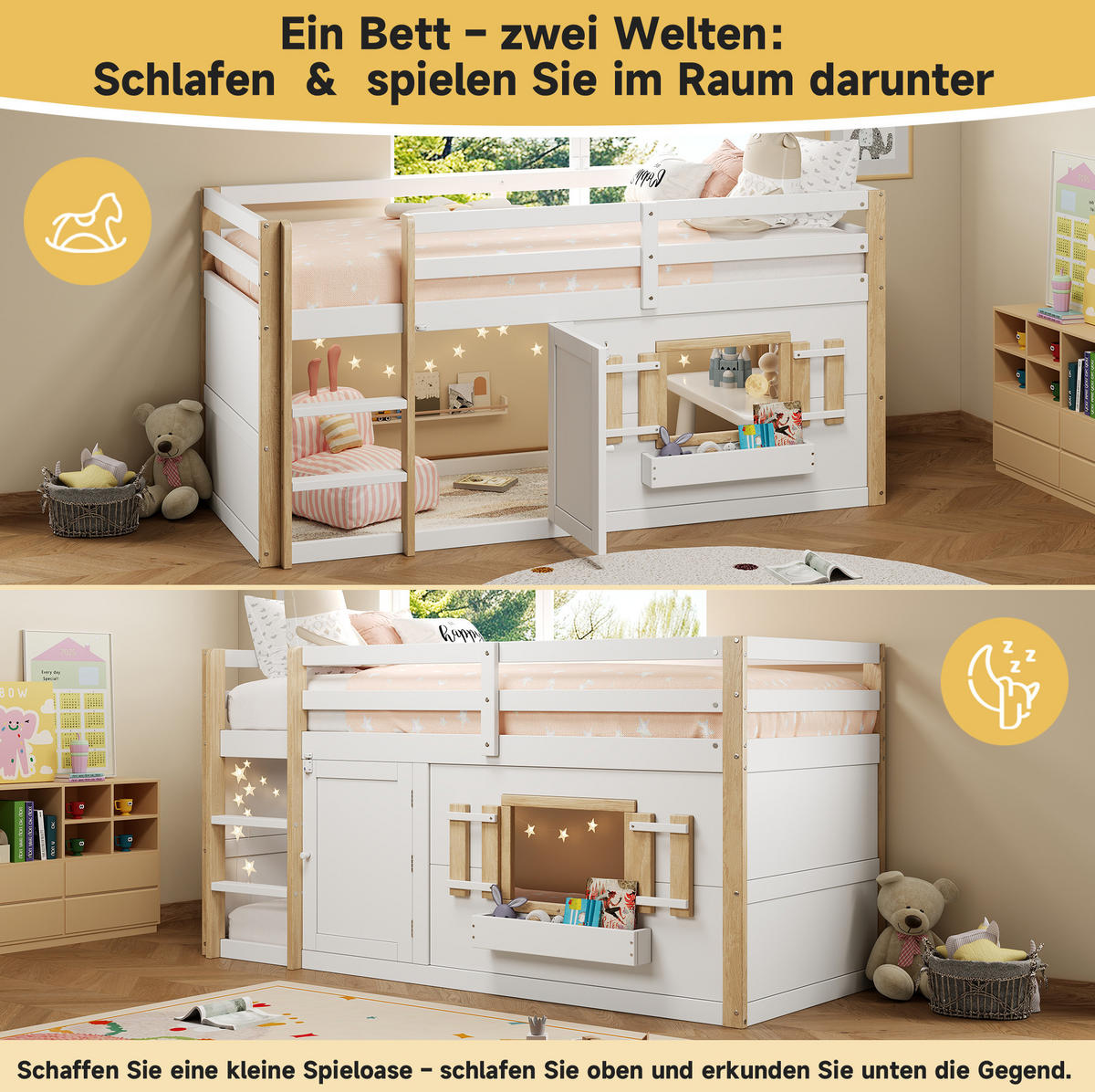 HOCHBETT 90/200 cm, weiß mit Spielbereich ohne Matratze - Weiß, Holz (90/200cm) - MIVRAY