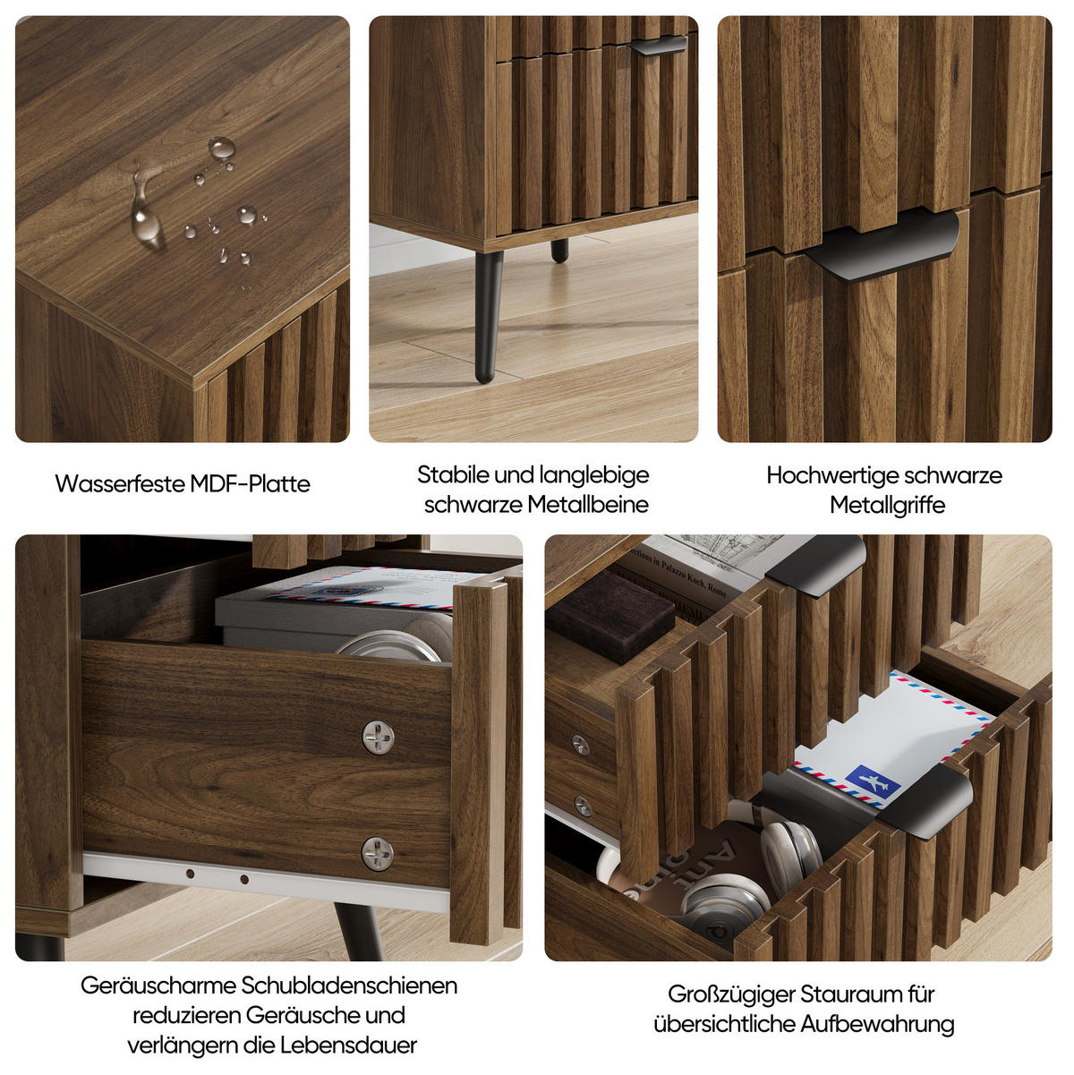 NACHTTISCH aus MDF mit 2 Schubladen, Metallgestell, 45/40/53 cm, Walnuss - Walnussfarben, Holzwerkstoff (40/53/45cm) - Redom
