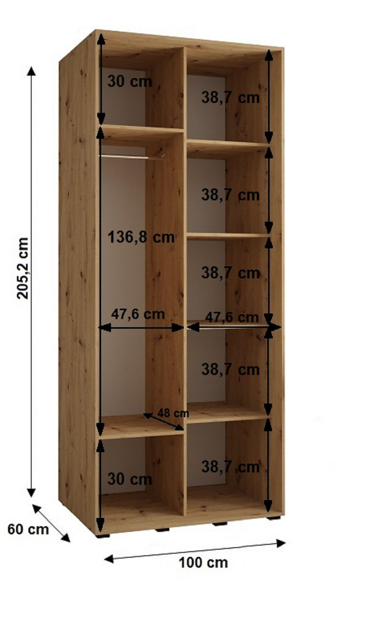 SCHWEBETÜRENSCHRANK 205,2/100/60 2-türig - Schwarz/Eiche Artisan, Holz/Metall (100/205.2/60cm) - Abiks Möbel