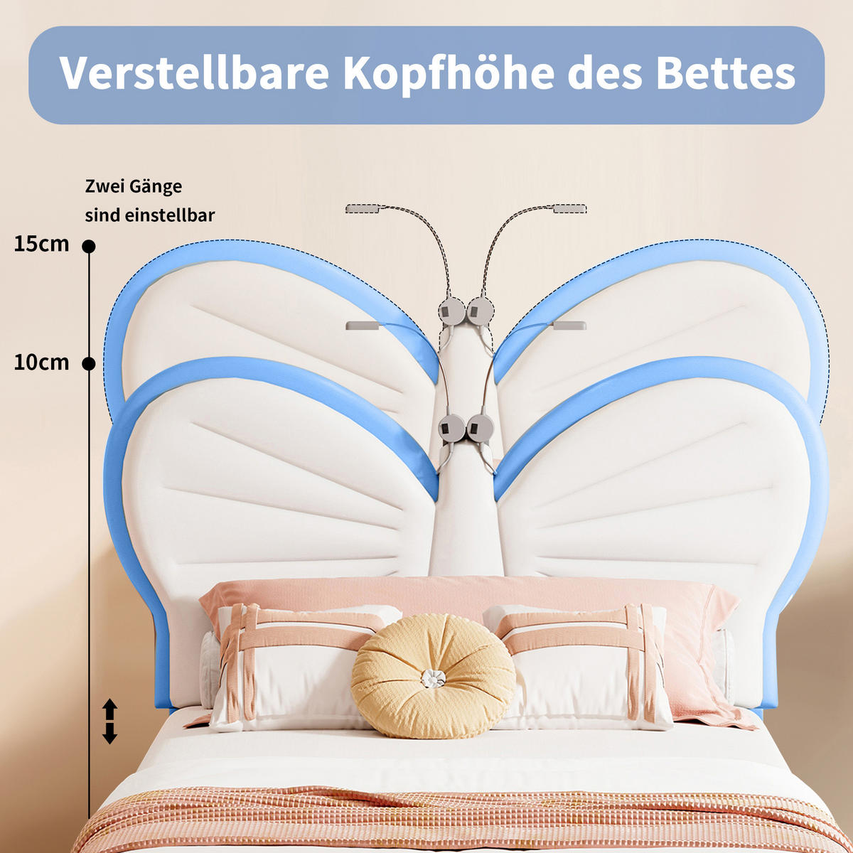 KINDERBETT 90x200 mit LED-Beleuchtung und Lattenrost, Schmetterlings-Kopfteil, höhenverstellbar, Blau - Blau, Holz/Metall (90/200cm) - GENKI LIVING