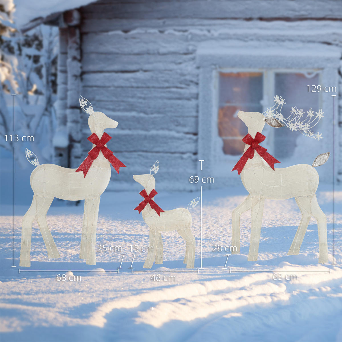 3-TEILIGE Weihnachts-Dekoration, Rentier-Familie mit LED-Beleuchtung, Gelb+Rot - Gelb, Metall (28/129/63cm) - Outsunny