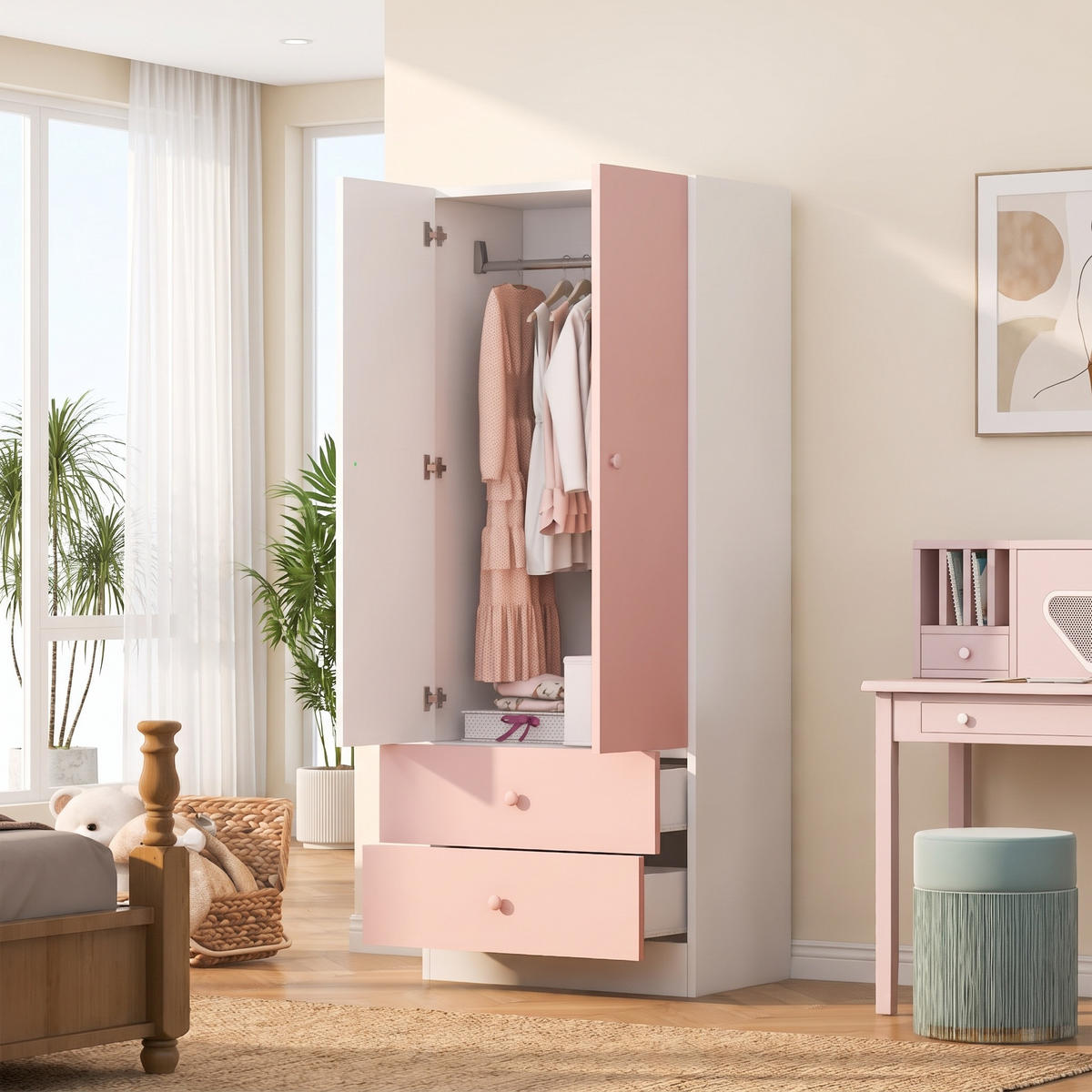 KLEIDERSCHRANK mit 2 Türen & 2 Schubladen und rosa Griffen 70x40x170 cm - Farbblock-Design - Rosa & Weiß - Pink, Holzwerkstoff (70/170/40cm) - DELFA