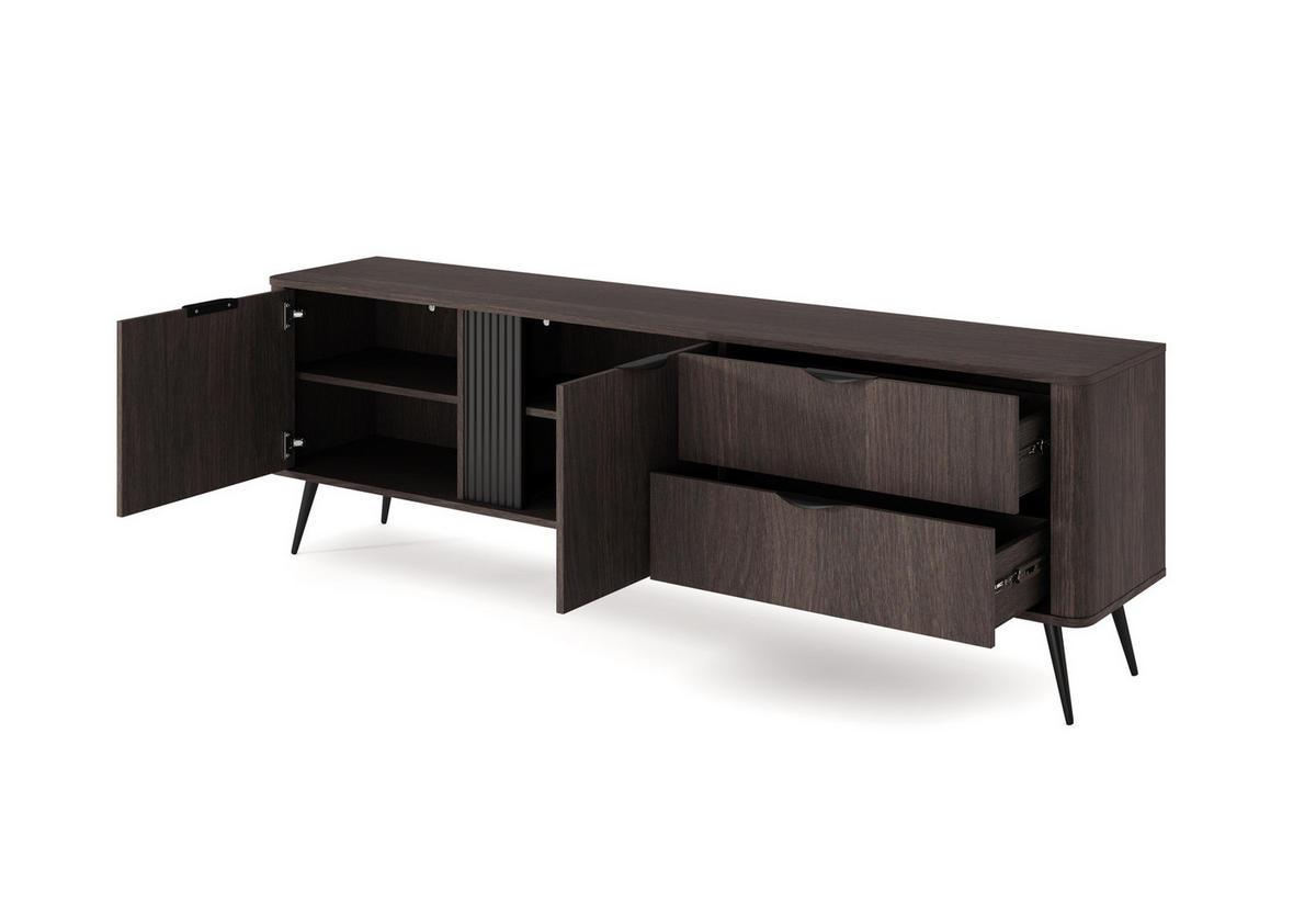 TV-LOWBOARD Terzo 2D 2S Eiche Dunin mit Rillendekor - Schwarz Metallfüße - Eichefarben/Schwarz, Holz/Holzwerkstoff (195/61/38cm) - Ravio