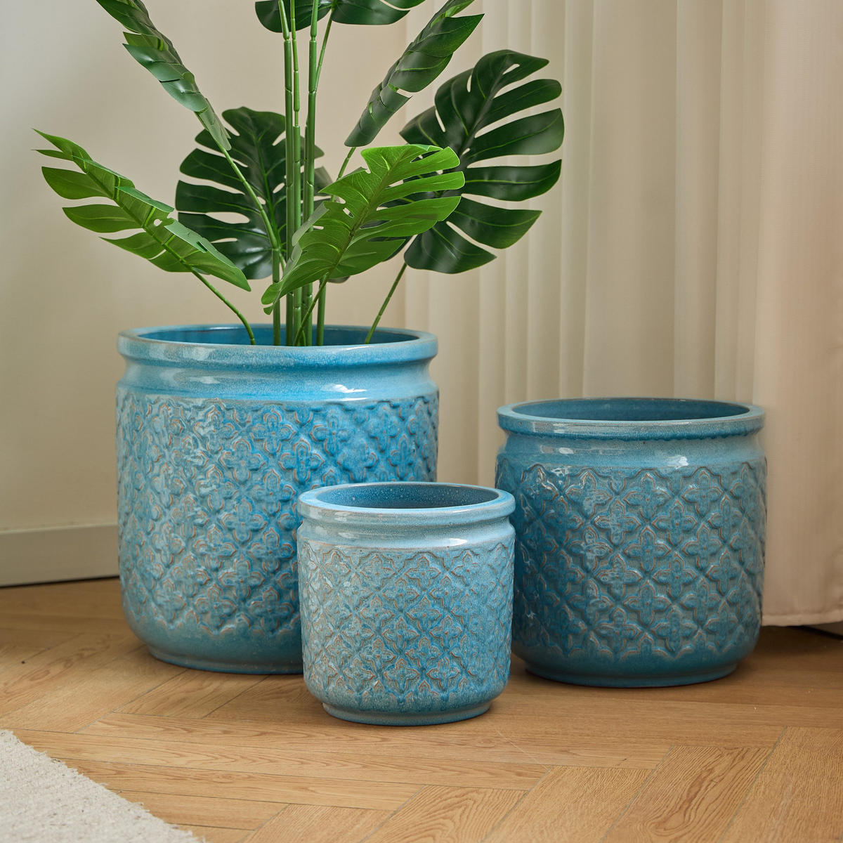 BLUMENTOPF großes Keramikpflanztopfset Frost&hitzebeständig&Ablaufloch - Blau, Keramik (38/38cm)