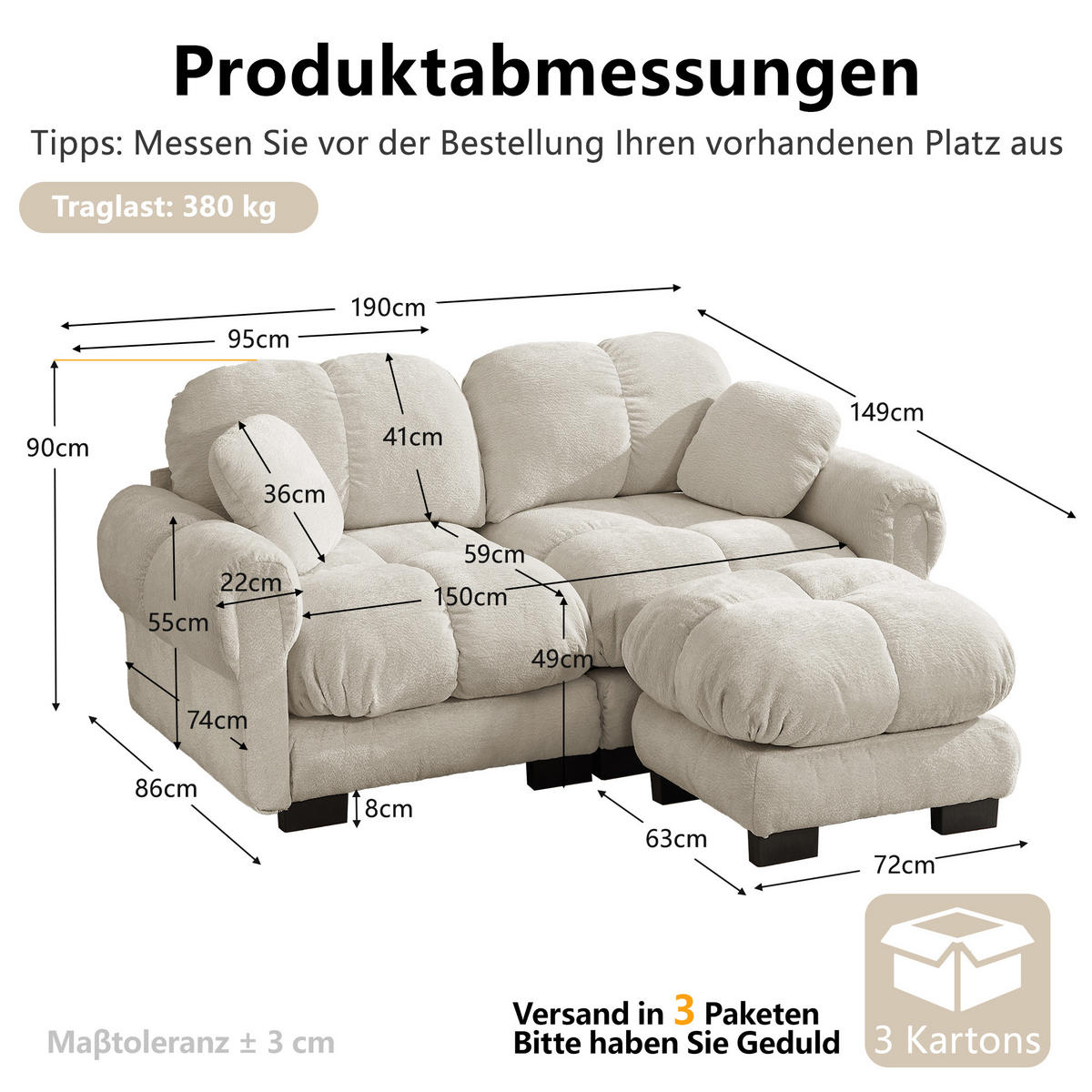 ECKSOFA DE-34384 L-Form mit Steppdesign und Ottoman Hellkhaki - Sandfarben, Textil (149/190cm) - ComfortXL