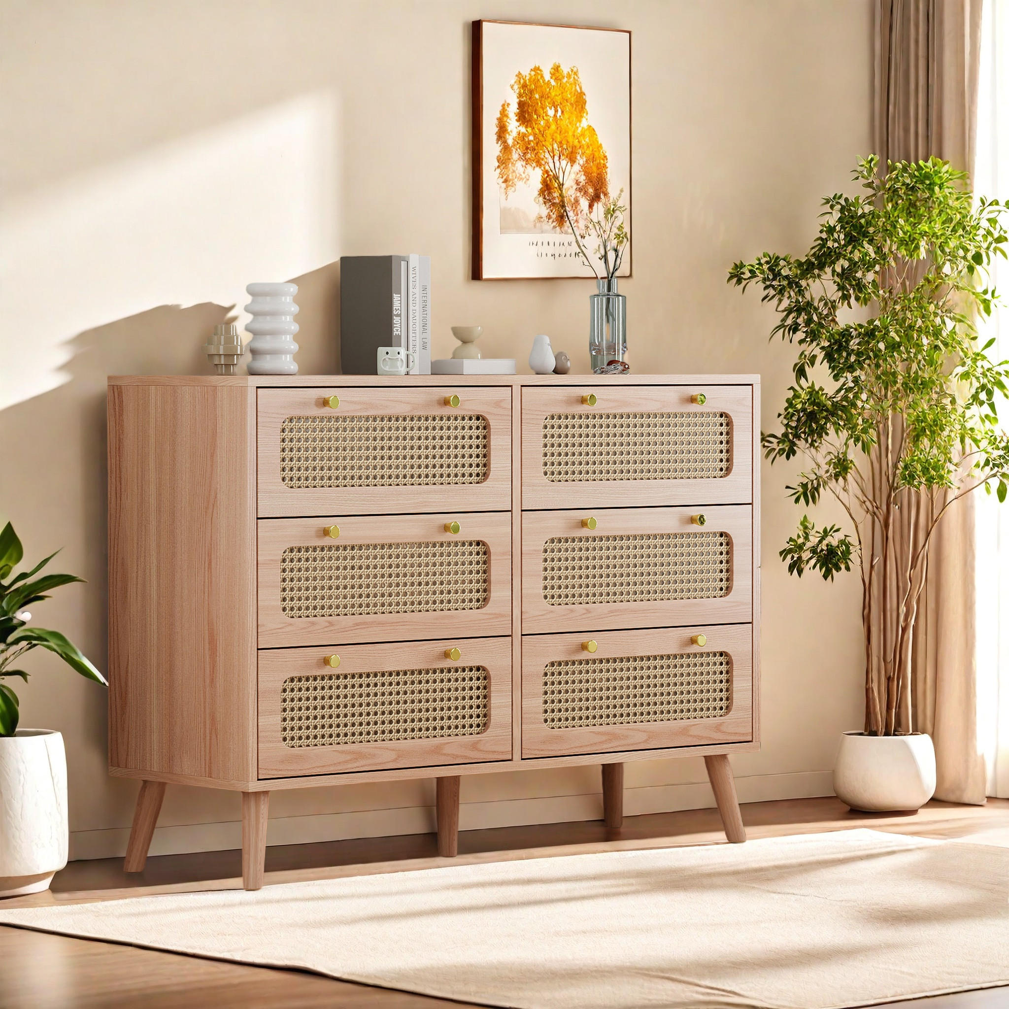 KOMMODE Buffet mit 6 Schubladen, Massivholzbeinen, Modernes Design, Braun - Braun, Holz (34/73/100cm)