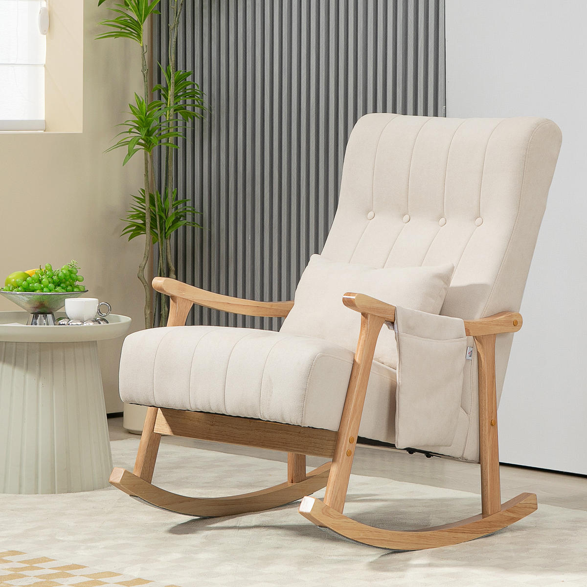 SCHAUKELSTUHL Schaukelsessel mit Lendenkissen, Seitentasche für Wohnzimmer Beige - Beige/Naturfarben, Holz/Buchenholz (65/98/90cm) - HOMCOM