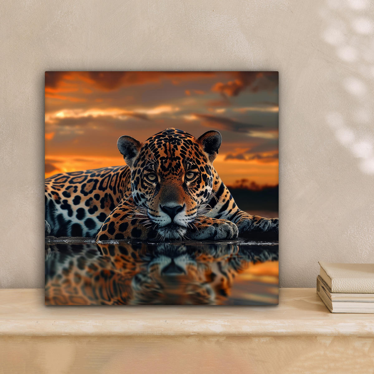 LEINWANDBILD Natur - Leopard - Tier - Sonnenuntergang - Modern Deko Wohnzimmer 20x20 cm - Orange, Textil (20/20cm) - MuchoWow