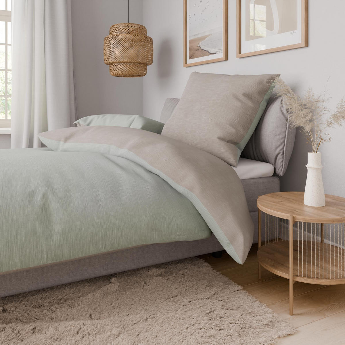 BETTWÄSCHE 155x200 Renforce Wende Bettbezug Melange Grün Taupe - Taupe/Grün, Textil (155/200cm) - Carpe Sonno