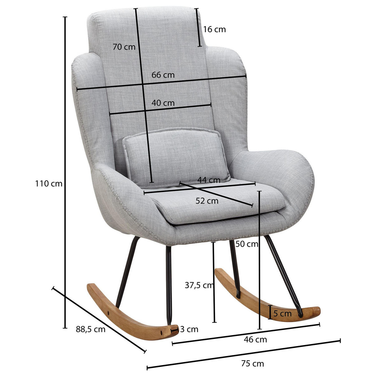 SCHAUKELSTUHL Gummibaumholz Hohe Lehne Abnehmbare Polsterung LAVANT, Anthrazit 75x88x110 cm - Anthrazit/Schwarz, Holz/Textil (75/110/88cm) - KADIMA DESIGN