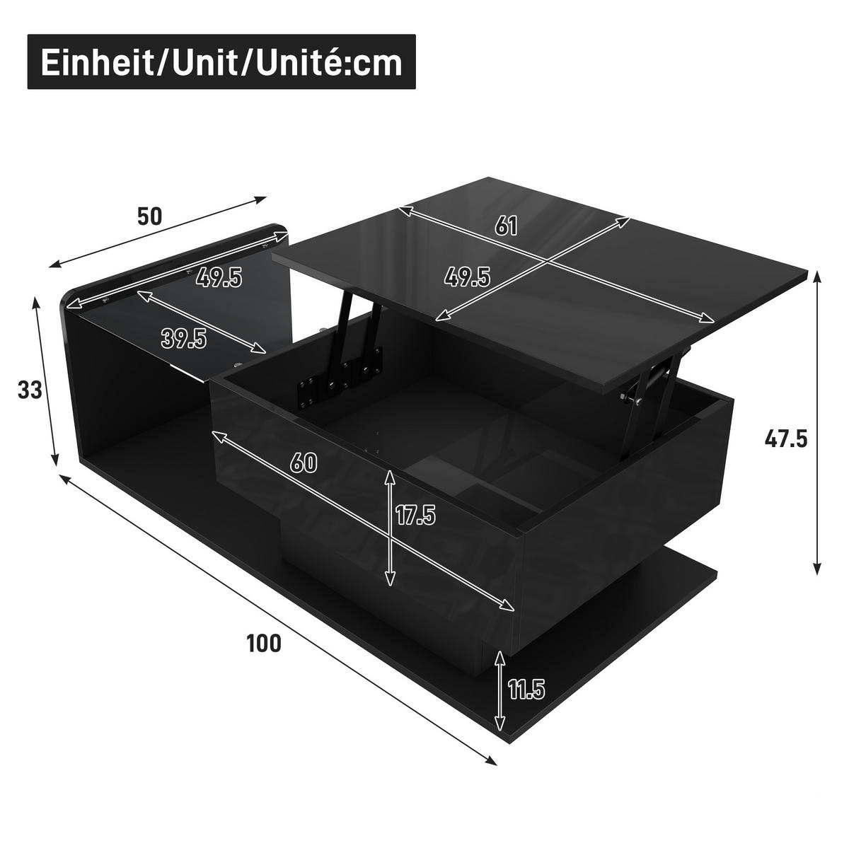 COUCHTISCH 100/50 cm Schwarz aus Spanplatte und Glas mit höhenverstellbarer Platte und LED - Schwarz, Holzwerkstoff (100/50/33cm) - OKMYHOME