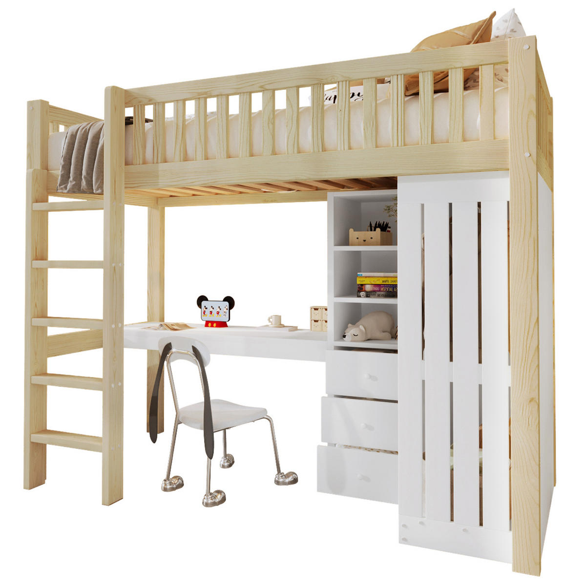HOCHBETT 90/200 cm mit Schreibtisch, Kleiderschrank, 3 Schubladen und Treppe aus Kiefernholz, Natur - Naturfarben, Holz (90/200cm) - Redom