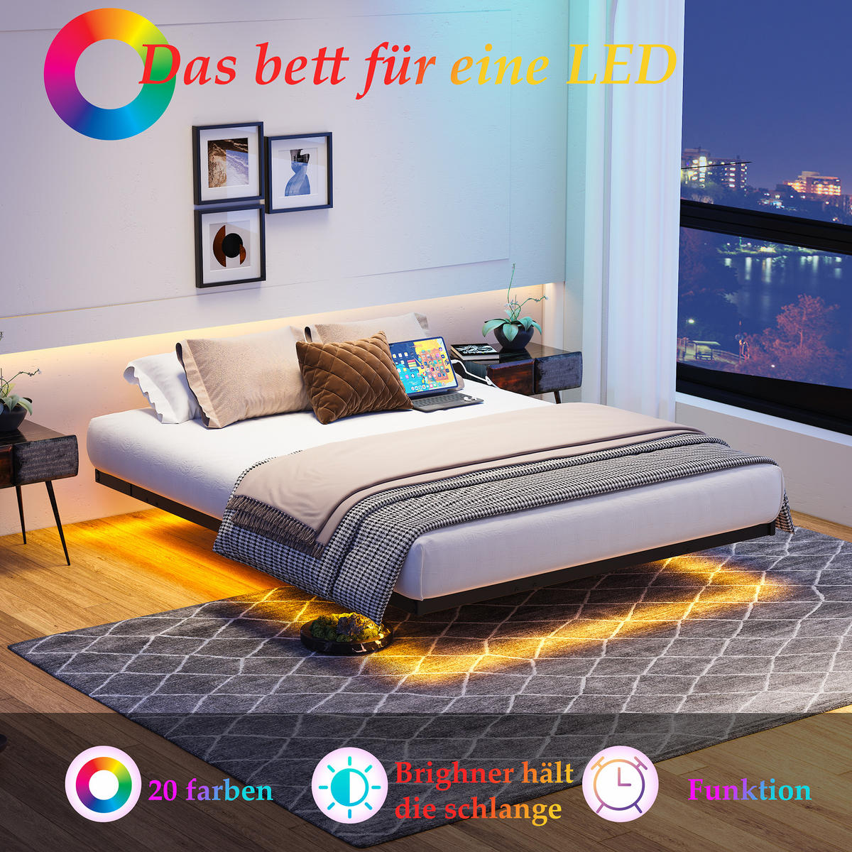 METALLBETT 120/200 cm in Schwarz mit LED und USB - Schwarz, Metall (120/200cm) - WISHDOR