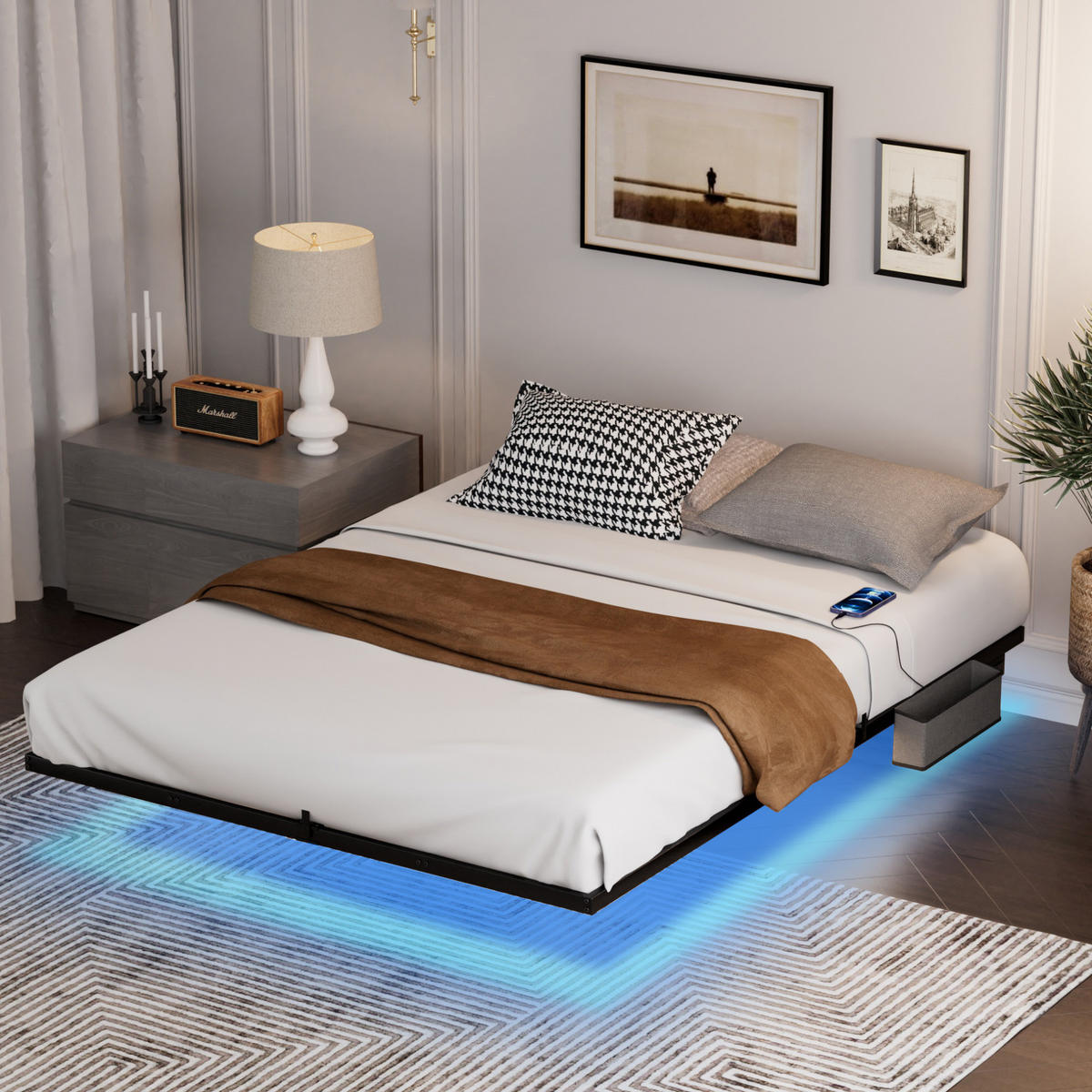 JUGENDBETT Metallbett 160/200 cm aus Stahl mit LED-Beleuchtung und Ladestation Schwarz - Schwarz, Metall (160/200cm) - Modenvie