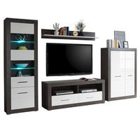 WOHNWAND weiß Hochglanz, grau Stone 4-teilig 335 x 198 cm, Wohnkombination viel Stauraum - Chromfarben/Weiß Hochglanz, Glas/Holzwerkstoff (335/198/45cm) - Furn.Design